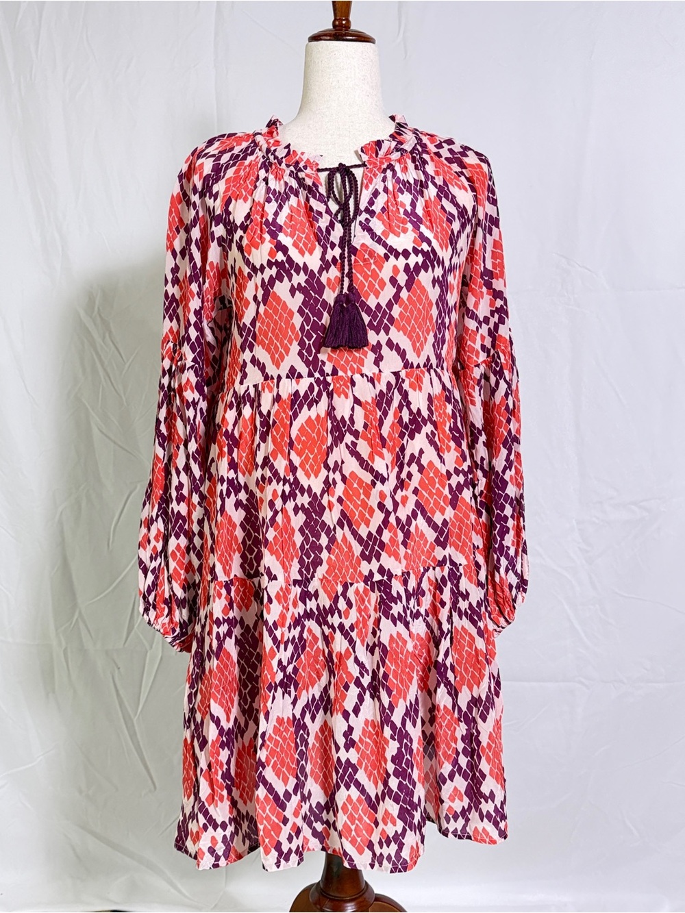 Oliphant balloon sleeve Pink & Purple Printed Tie-Neck Tiered Dress NWOT boho,